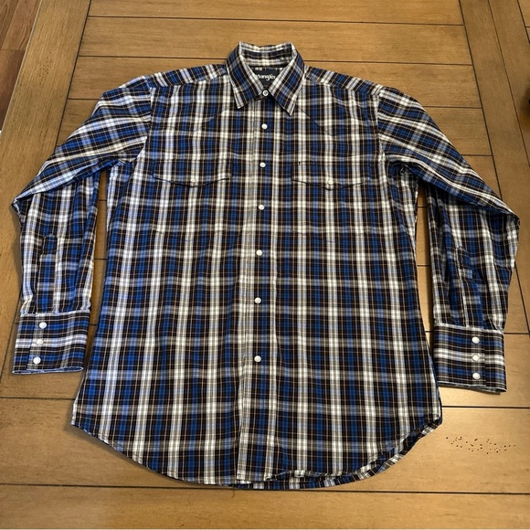 Wrangler Mens Shirt Size Medium Blue Plaid Pearl Snap Button Up Relaxed Western - Picture 3 of 14